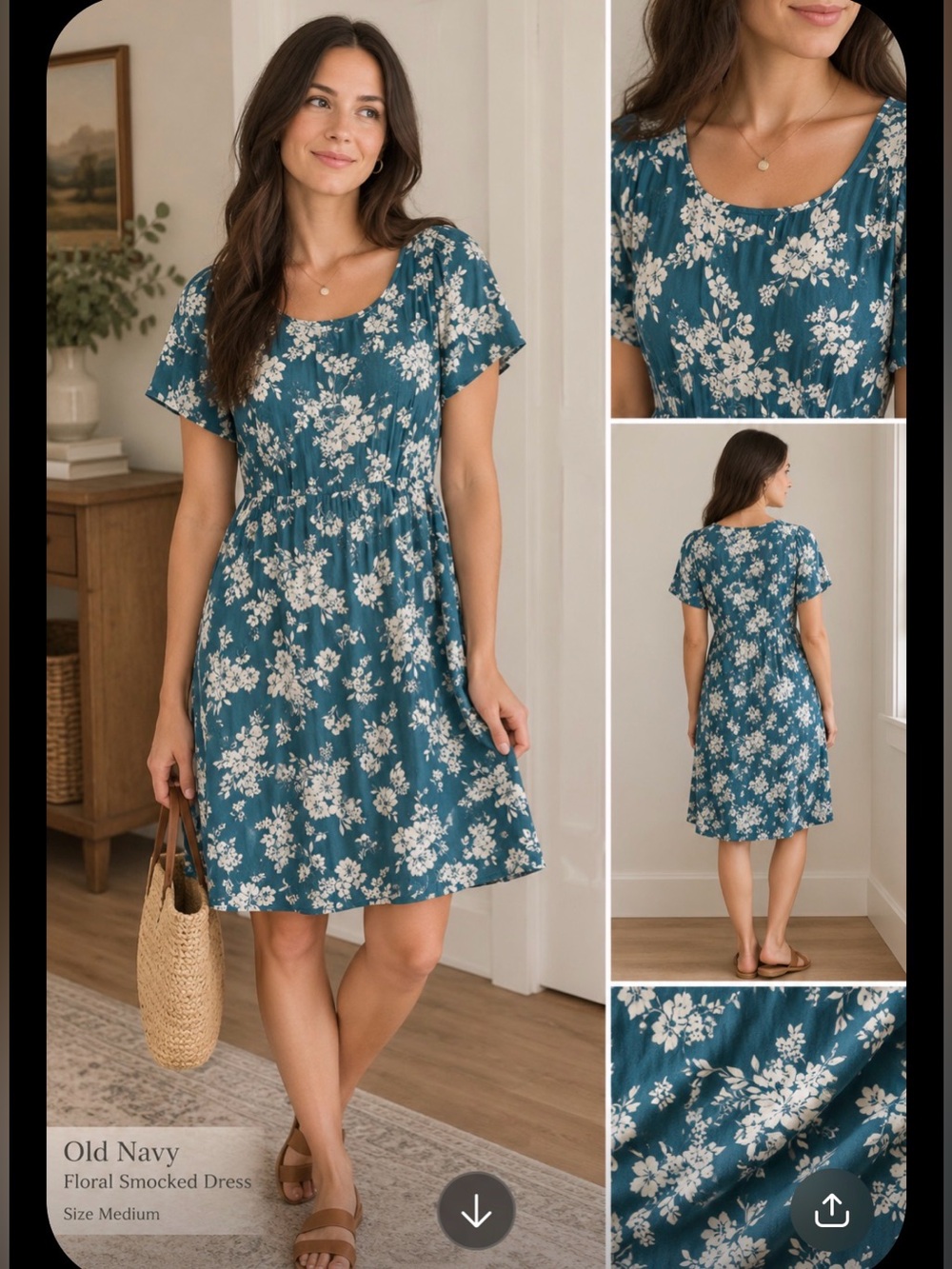 Old Navy Teal Blue Floral Smocked Midi Dress women’s medium